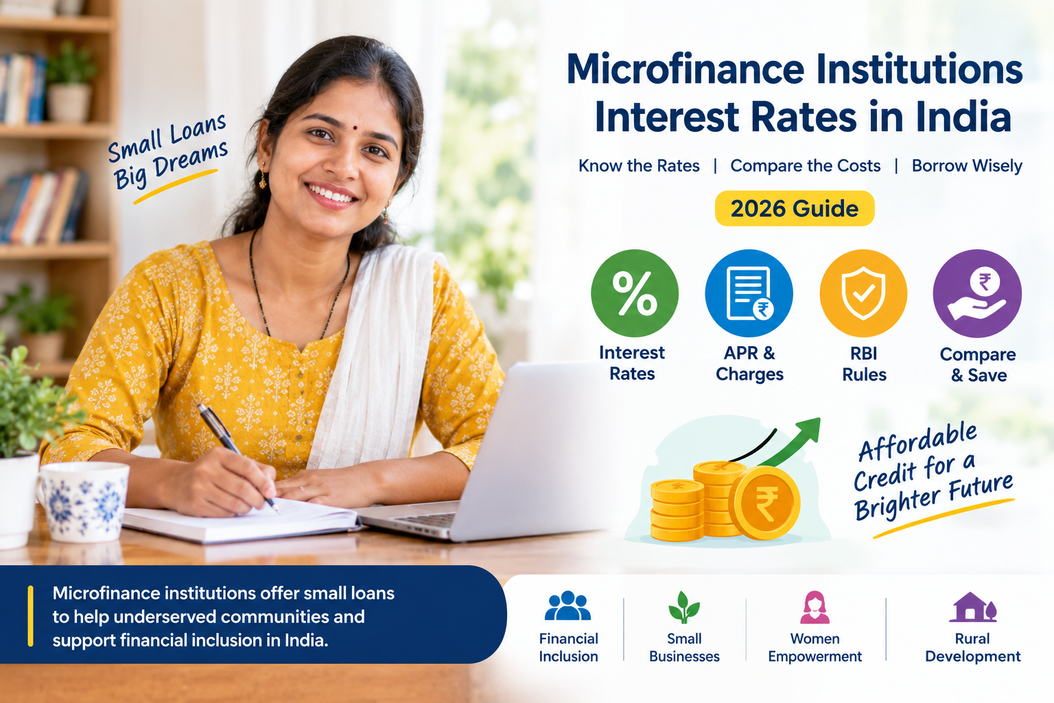 Microfinance institutions interest rates in India, showing a woman reviewing loan information with visuals representing interest rates, APR, RBI rules, loan costs, financial inclusion, small businesses, women empowerment, and rural development.